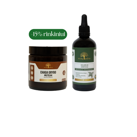 Imunitetą stiprinantis rinkinys: Chaga grybas 30g + Dilgėlių ekstraktas