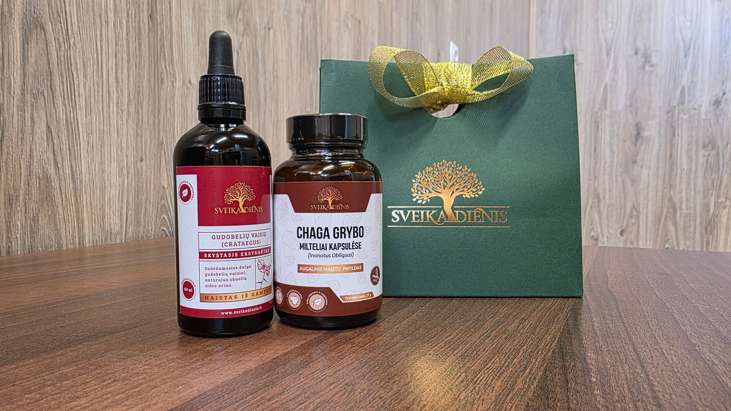 Rinkinys širdžiai ir nervų sistemai: Chaga grybas + Gudobelių vaisių ekstraktas