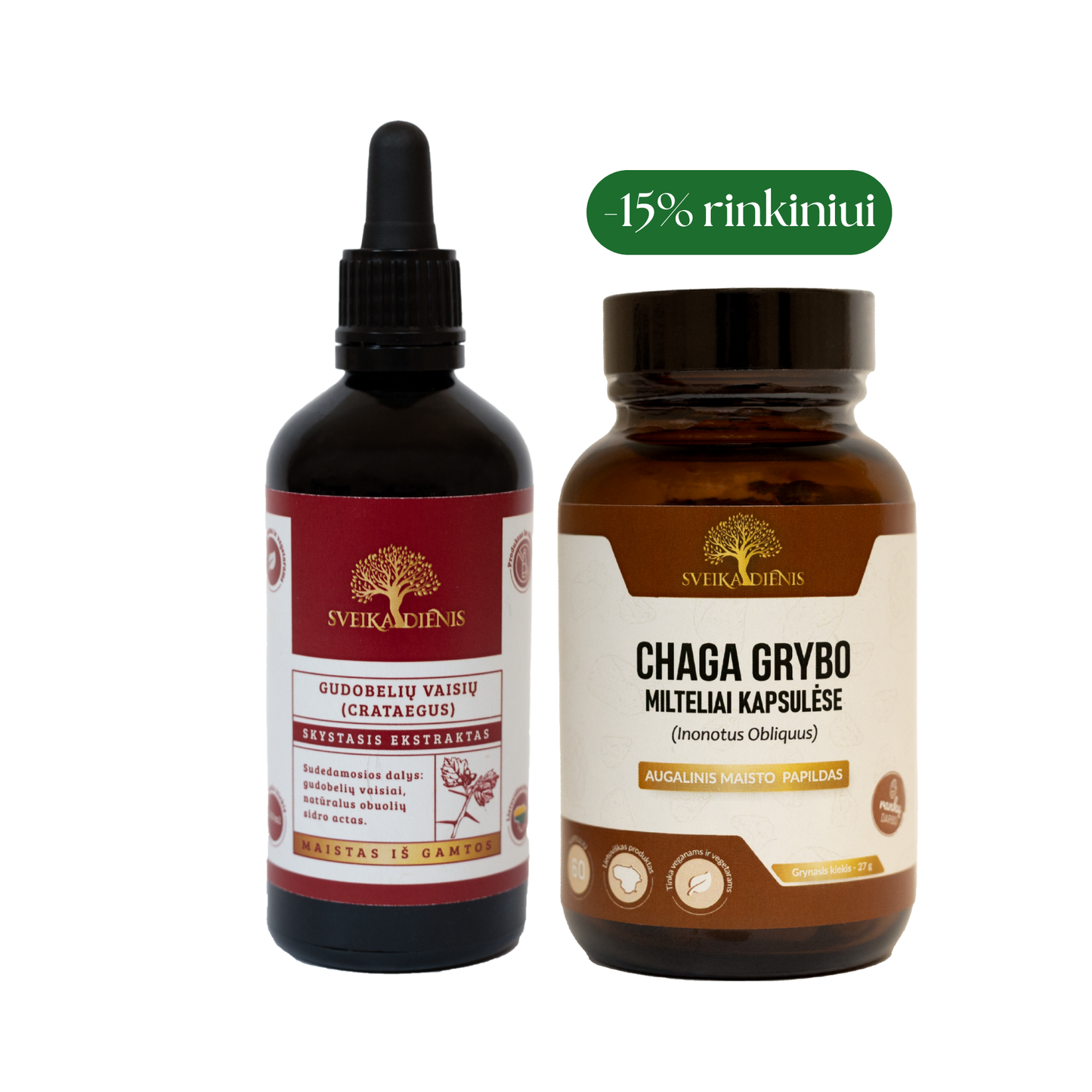 Rinkinys širdžiai ir nervų sistemai: Chaga grybas + Gudobelių vaisių ekstraktas