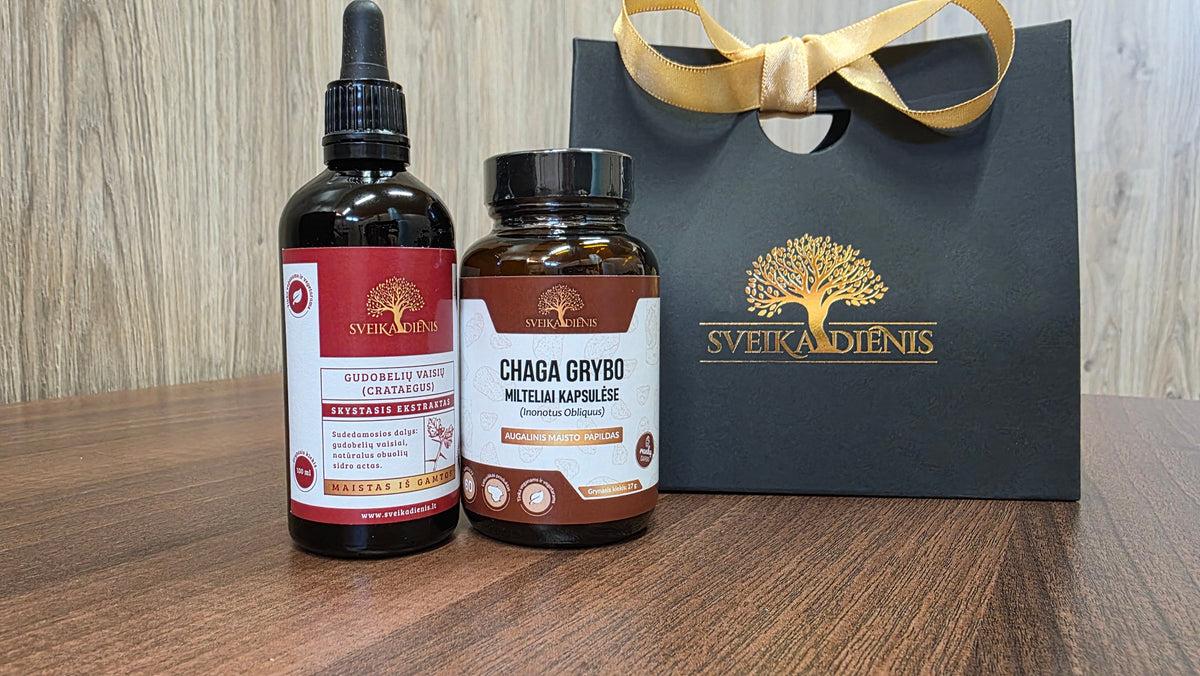 Rinkinys širdžiai ir nervų sistemai: Chaga grybas + Gudobelių vaisių ekstraktas - Sveikadienis